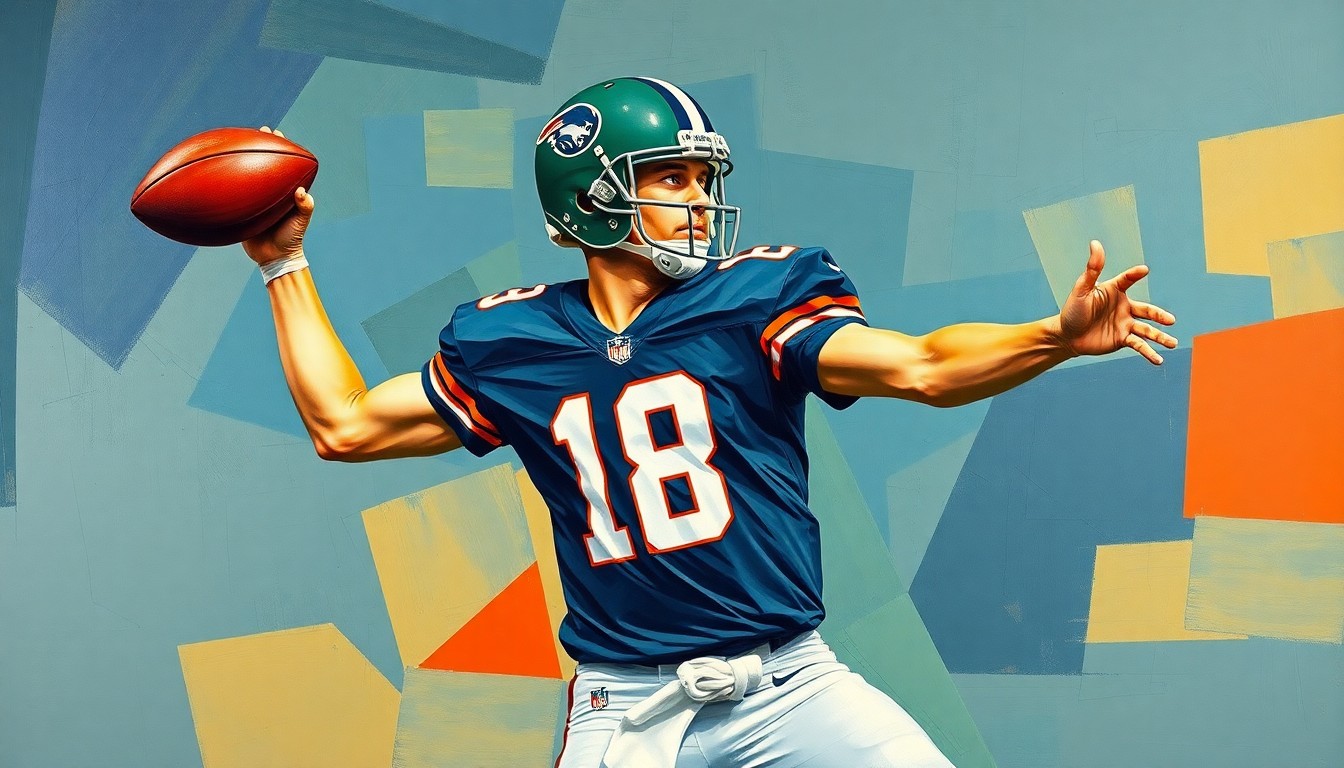 A fragmented, geometric painting depicting a football quarterback in mid-throw, with sharp, overlapping planes of navy blue, forest green, and burnt orange, conveying the dynamic energy and unresolved future of the player.