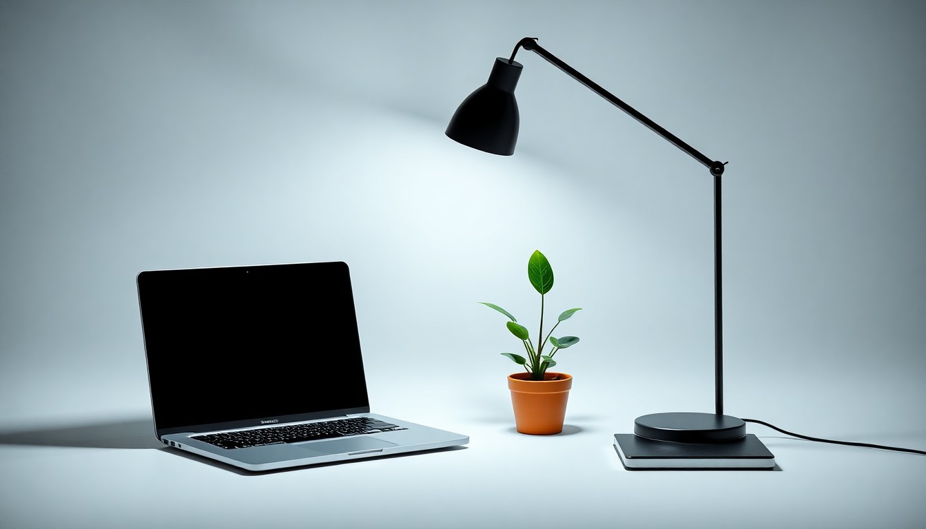A photorealistic studio still life featuring a sleek laptop, modern desk lamp, and small potted plant arranged elegantly on a clean white background, conveying the abstract concepts of efficient digital marketing strategy.