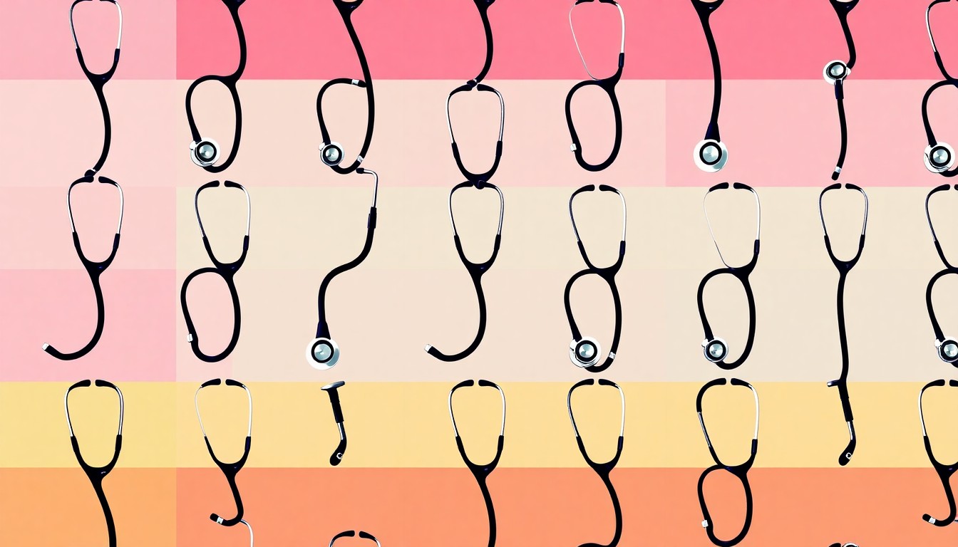 A highly stylized, abstract illustration featuring a repeating pattern of a stethoscope in bright, neon-like colors, capturing the celebratory spirit of a scholarship program supporting aspiring doctors.