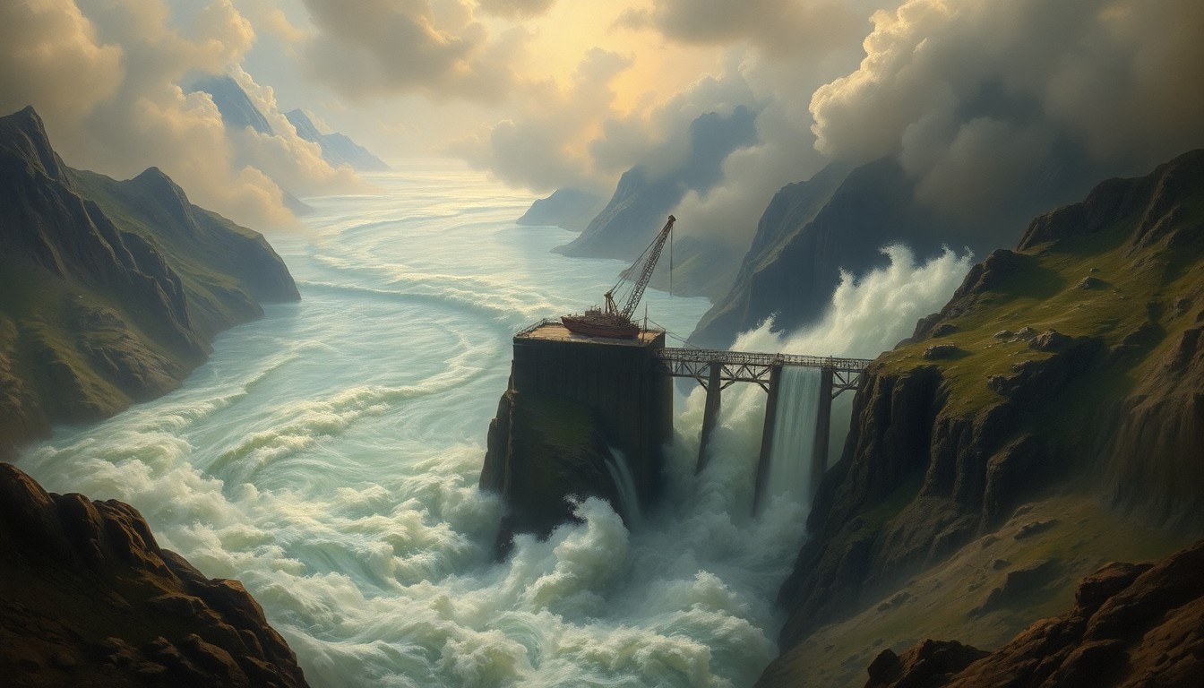 A sweeping, atmospheric landscape painting in the style of Caspar David Friedrich, depicting a massive, swirling river with a construction barge balanced atop a towering dam, dwarfed by the overwhelming scale of the natural environment.