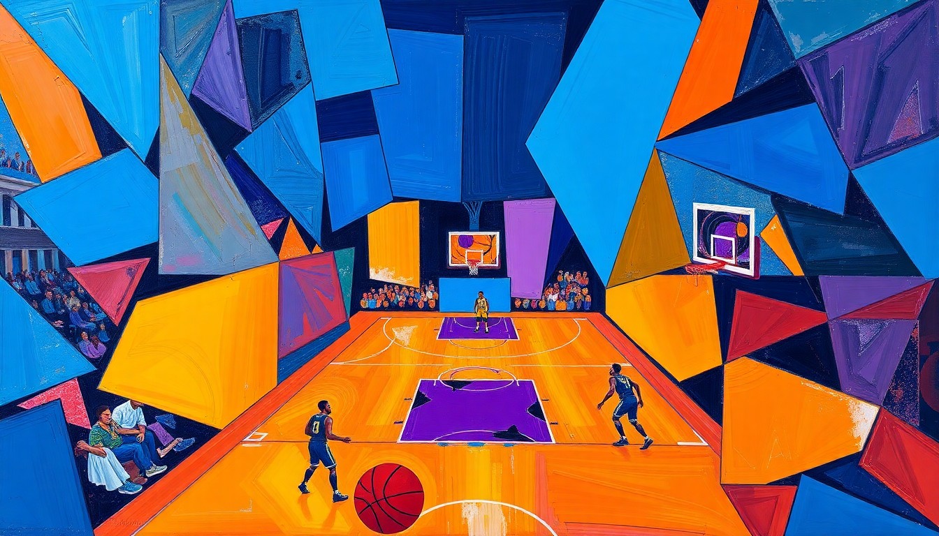 A cubist-style painting featuring overlapping geometric shapes and planes in a vibrant color palette, conceptually representing the data-driven revolution in basketball analytics.