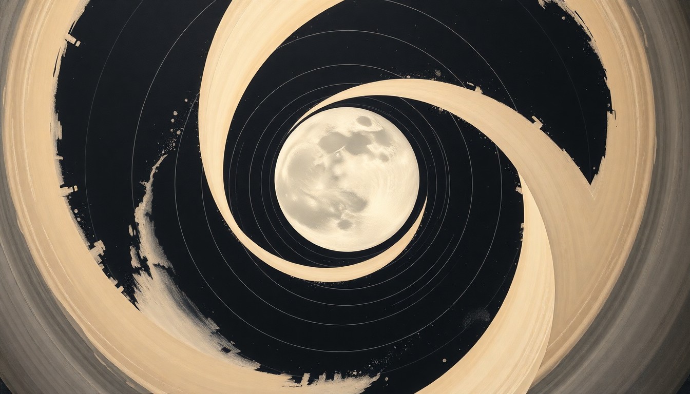 A vibrant, abstract painting depicting the Artemis II spacecraft's trajectory as it departs Earth orbit and flies around the Moon, using bold geometric shapes and soft, flat colors to convey the structural order and precision of the mission.