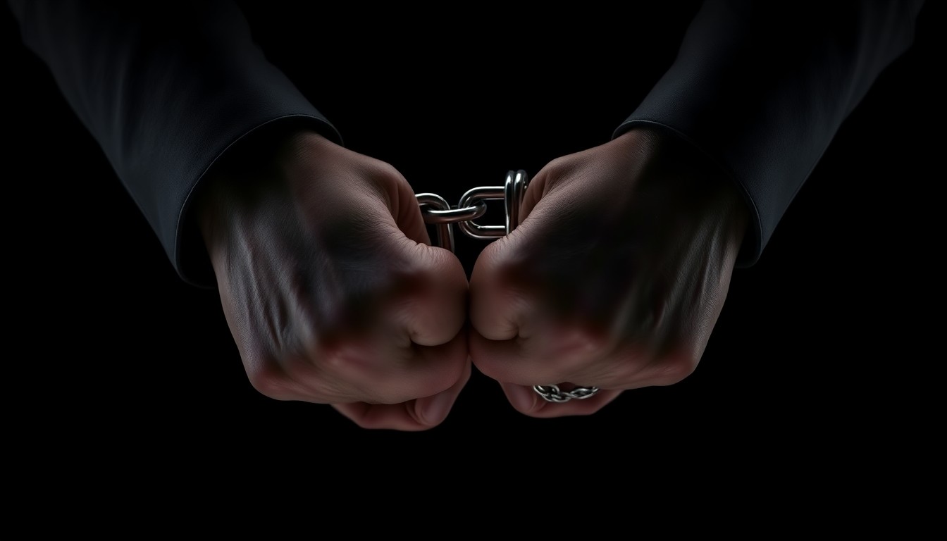 An extreme close-up of handcuffed hands against a stark black background, conceptually representing the arrest of suspects in a high-profile crime case.