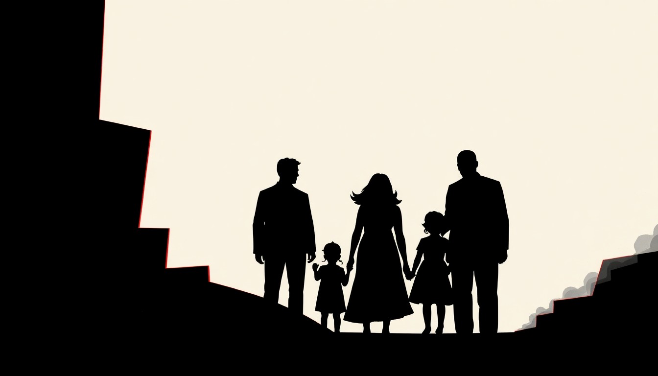 An abstract, minimalist illustration featuring sharp, angular black shapes against a deep red background, conveying a sense of tension and unease around a family in crisis.