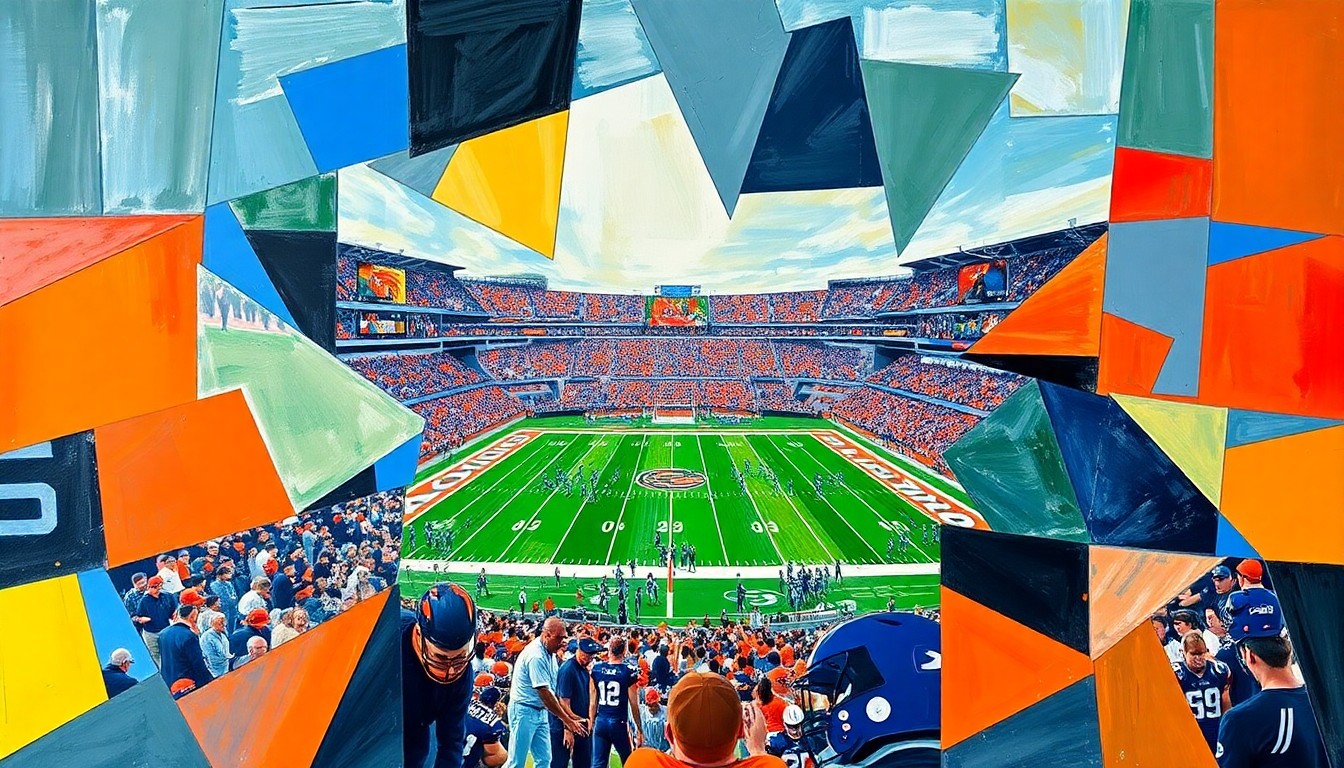 A cubist, geometric painting depicting a Florida Gators football game, with players and the field broken down into sharp, overlapping planes of color and shape, capturing the dynamic energy and shifting perspectives of the sport.