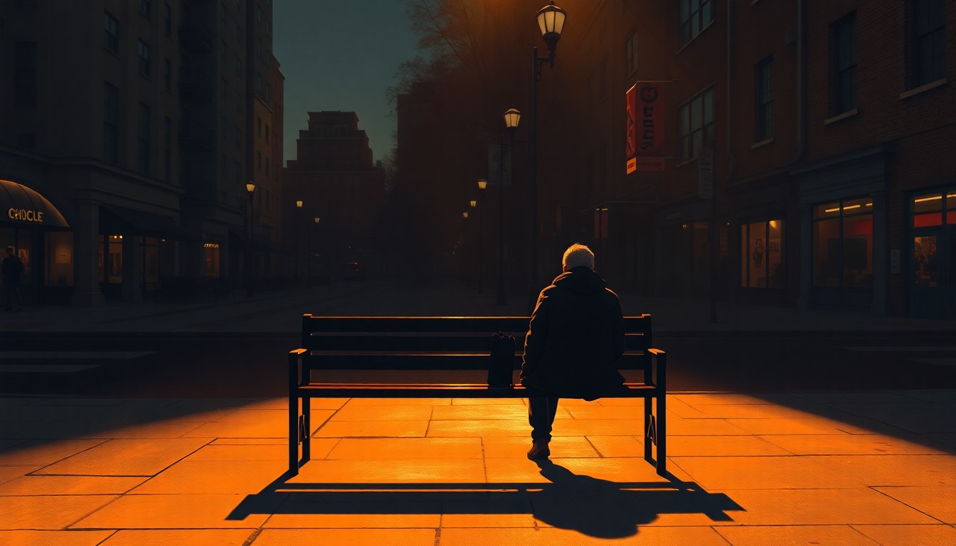 A serene, textured oil painting depicting a lone homeless person sitting on a park bench in downtown Seattle, with the city skyline visible in the background. The scene is bathed in warm, golden light and deep shadows, creating a contemplative, cinematic mood.