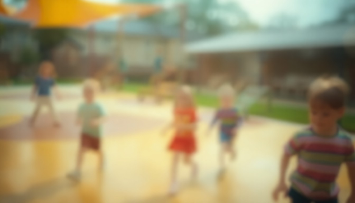 An abstract, impressionistic photograph of blurred, colorful shapes representing children playing on a school playground, conveying a sense of warmth, joy, and educational excellence.
