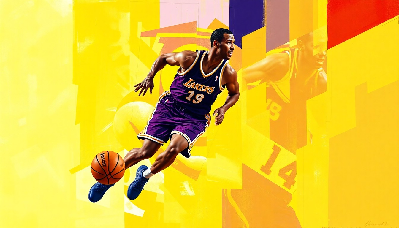 A fractured, geometric painting in vibrant colors depicting a basketball player in motion, representing the Lakers' injury concerns.