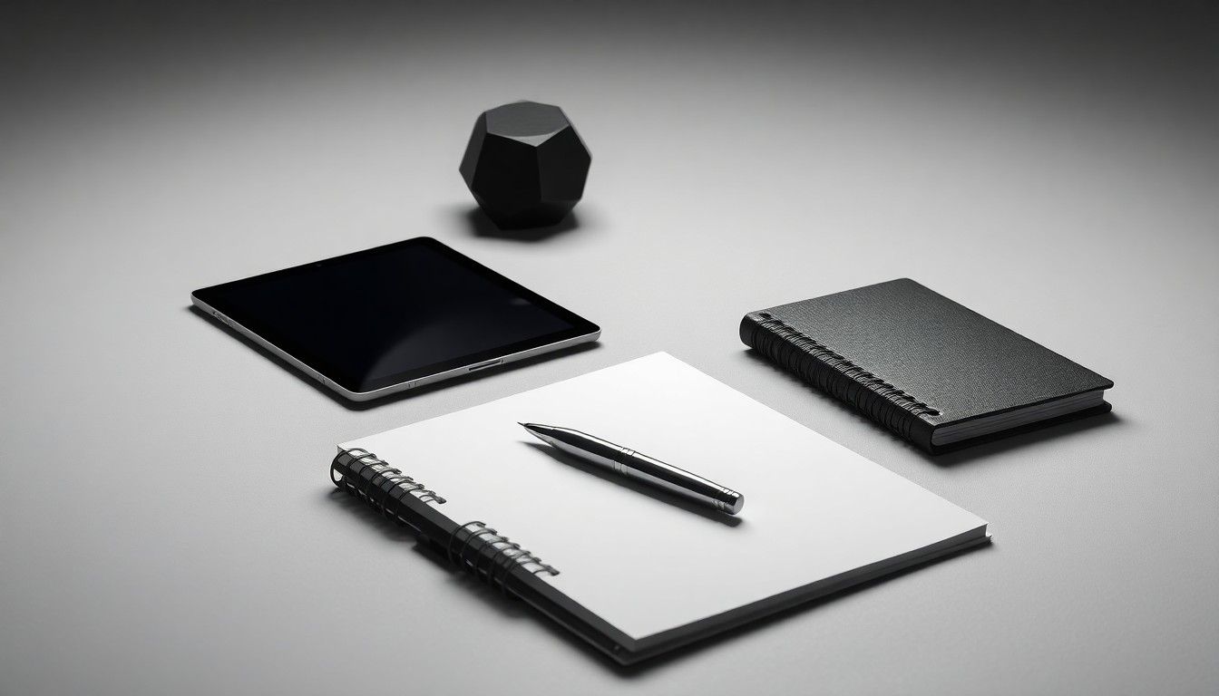 A minimalist studio still life photograph featuring a collection of sleek, geometric business objects like a tablet, pen, and notebook arranged elegantly on a clean, monochromatic background, conceptually representing the abstract ideas of corporate strategy, entrepreneurship, and economic development in Chandler, Arizona.