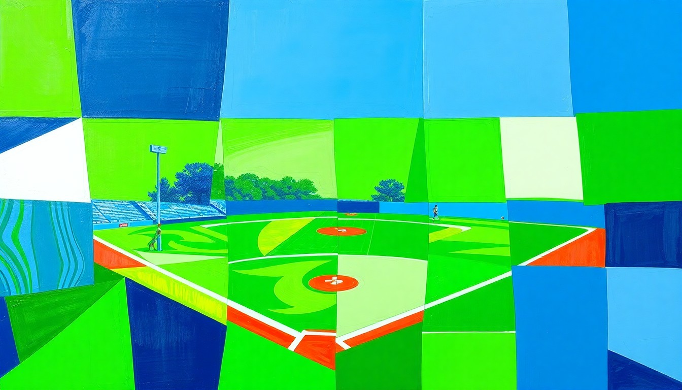 A fragmented, geometric painting in shades of green, blue, and white, capturing the dynamic motion and overlapping perspectives of a high school softball game.