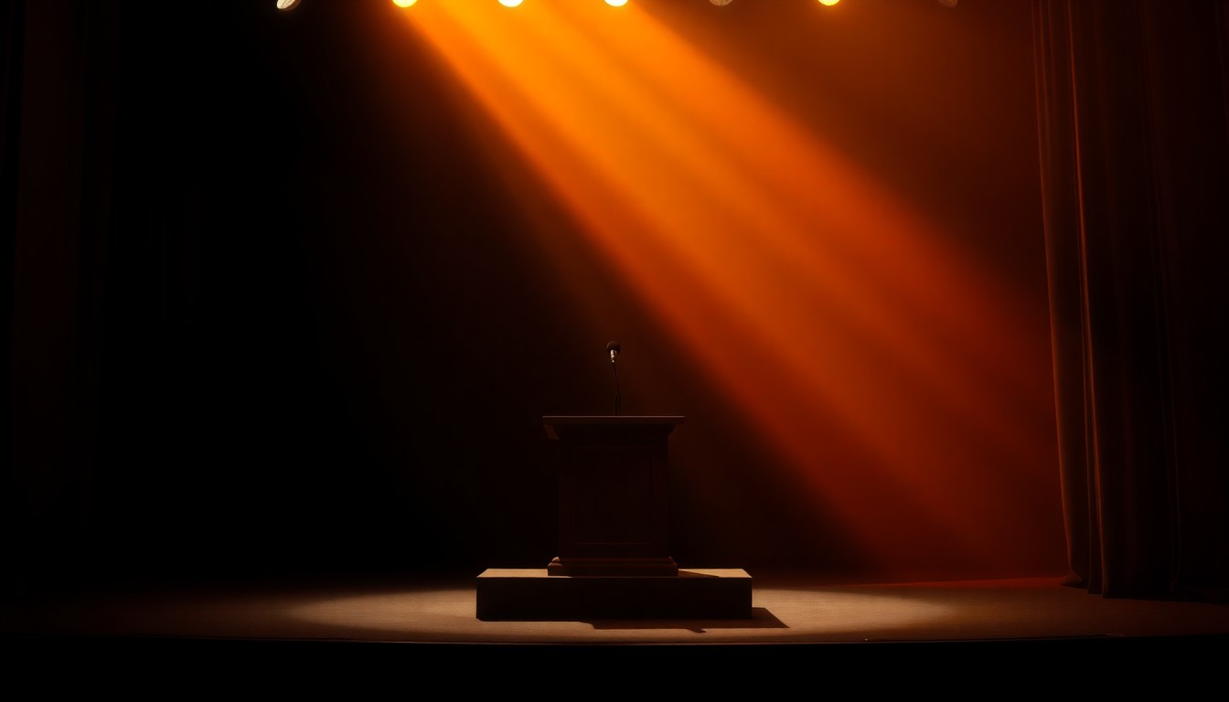 A somber, cinematic painting of an empty political podium on a dimly lit stage, with warm diagonal light and deep shadows creating a sense of tension and unease.