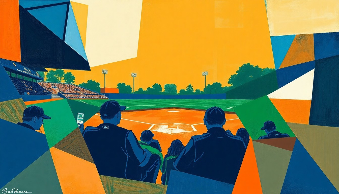 A cubist-style painting featuring overlapping geometric shapes and planes in navy, green, and orange, conceptually representing the dynamic movements and energy of a high school baseball game.