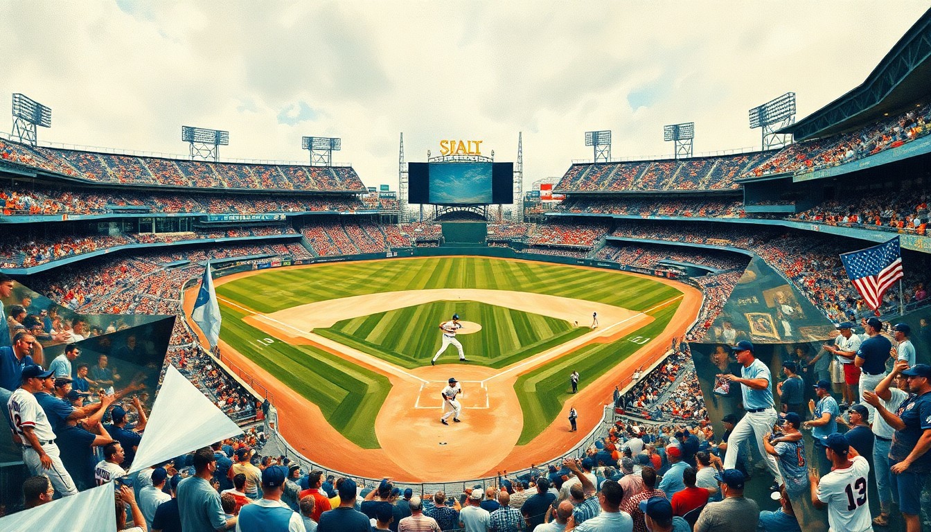 A cubist, geometric painting depicting the action and energy of a baseball game, with players, field, and crowd reduced to fragmented shapes and angles.