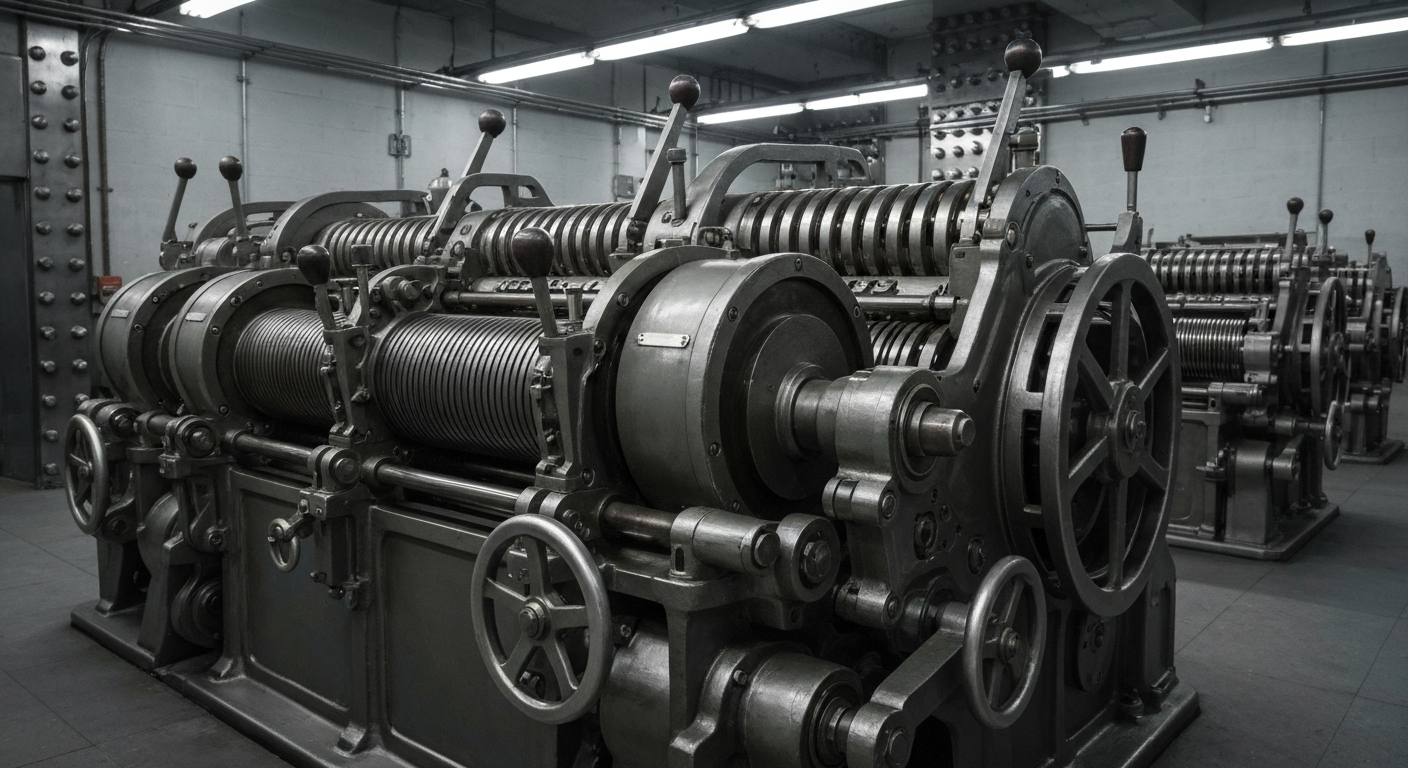 An extreme close-up of intricate, heavy industrial banking equipment and machinery, conveying a sense of institutional financial security and stability.