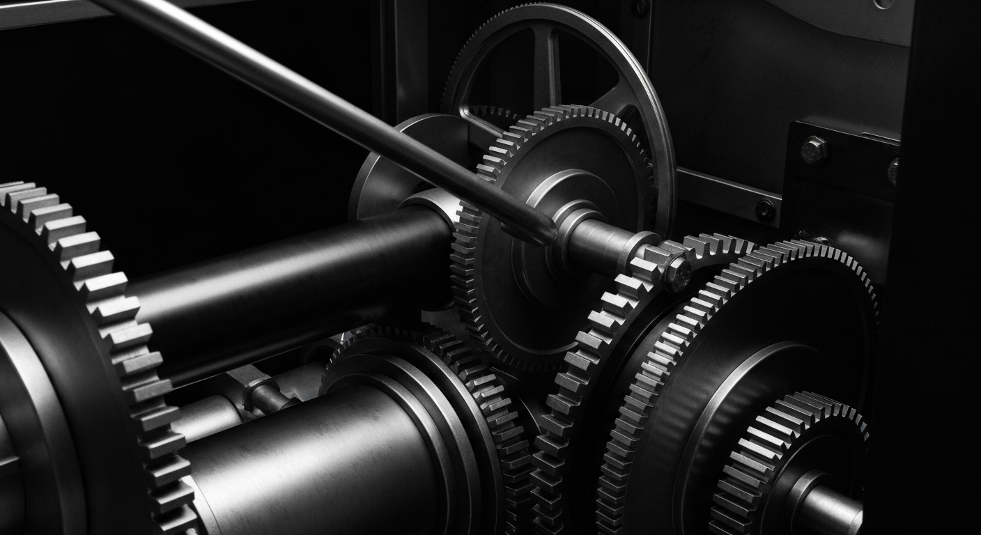 A high-contrast, close-up view of the intricate gears and mechanisms of a banking machine, conveying the institutional power and security of the financial system through an industrial, conceptual metaphor.
