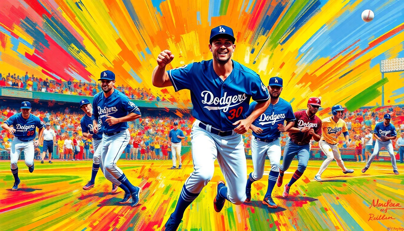 An abstract, energetic painting featuring bold brushstrokes of neon blue, yellow, and red, capturing the dynamic movement of baseball players on a field.
