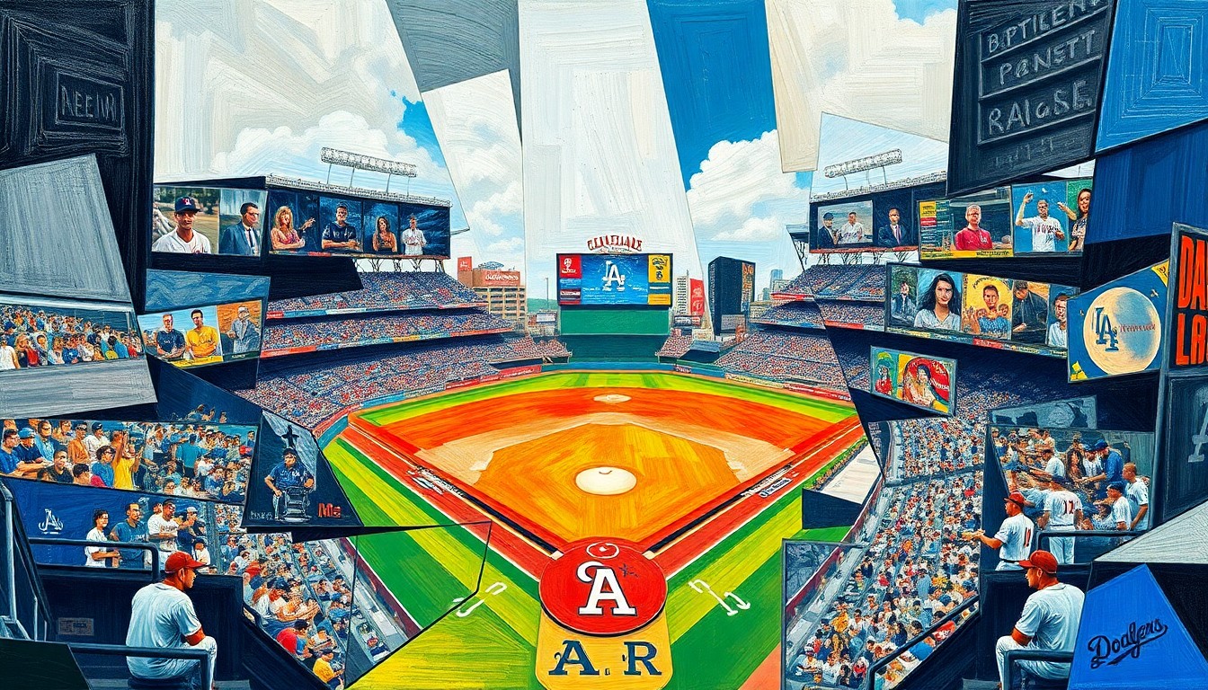 A fractured, multi-perspective painting in a cubist style, with overlapping geometric shapes and planes representing the key moments and players from a baseball game between the Cleveland Guardians and Los Angeles Dodgers.