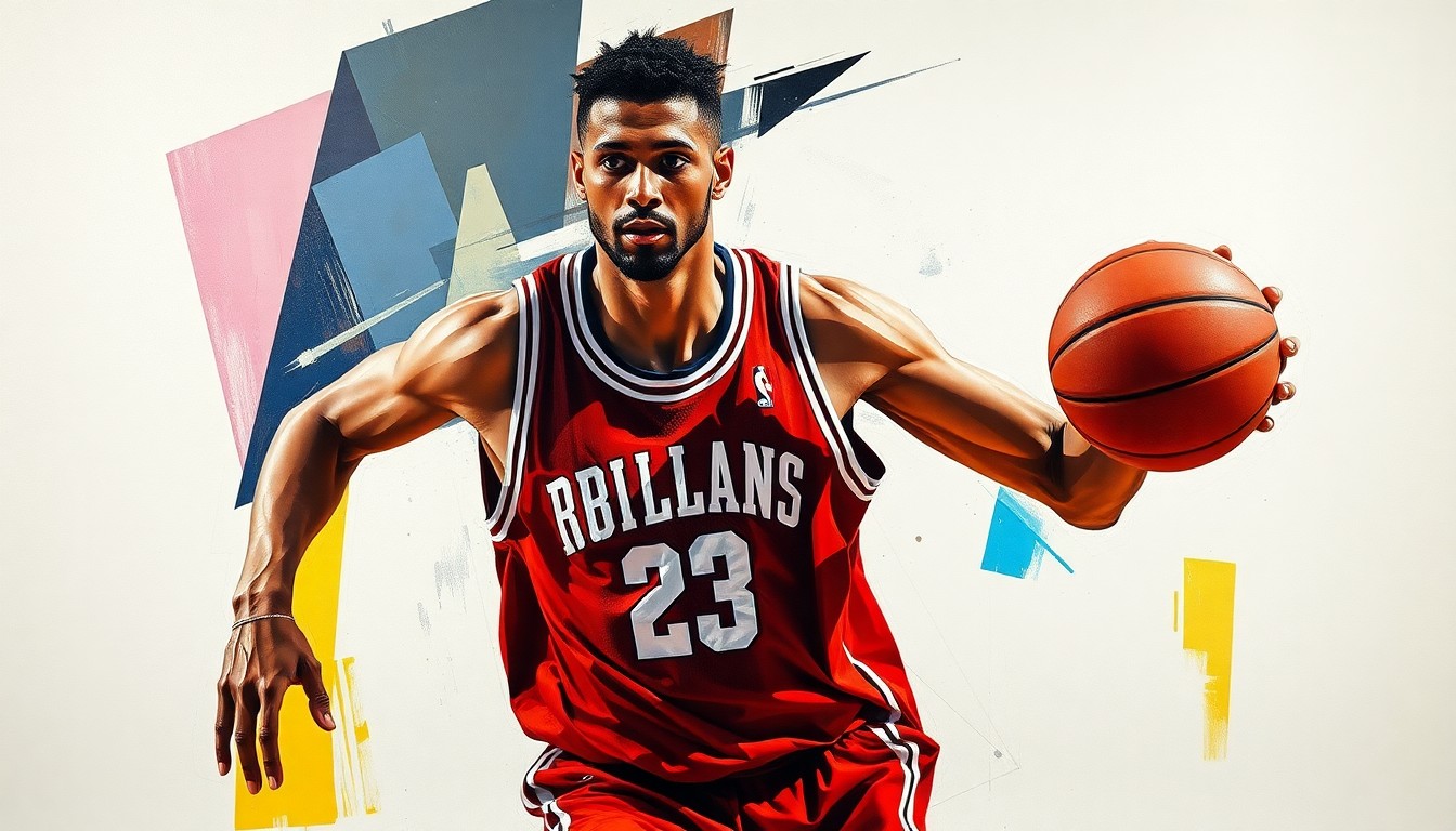 A fractured, multi-perspective painting in bold, geometric shapes and planes, representing the dynamic movements and actions of a basketball player in an abstract, cubist style.