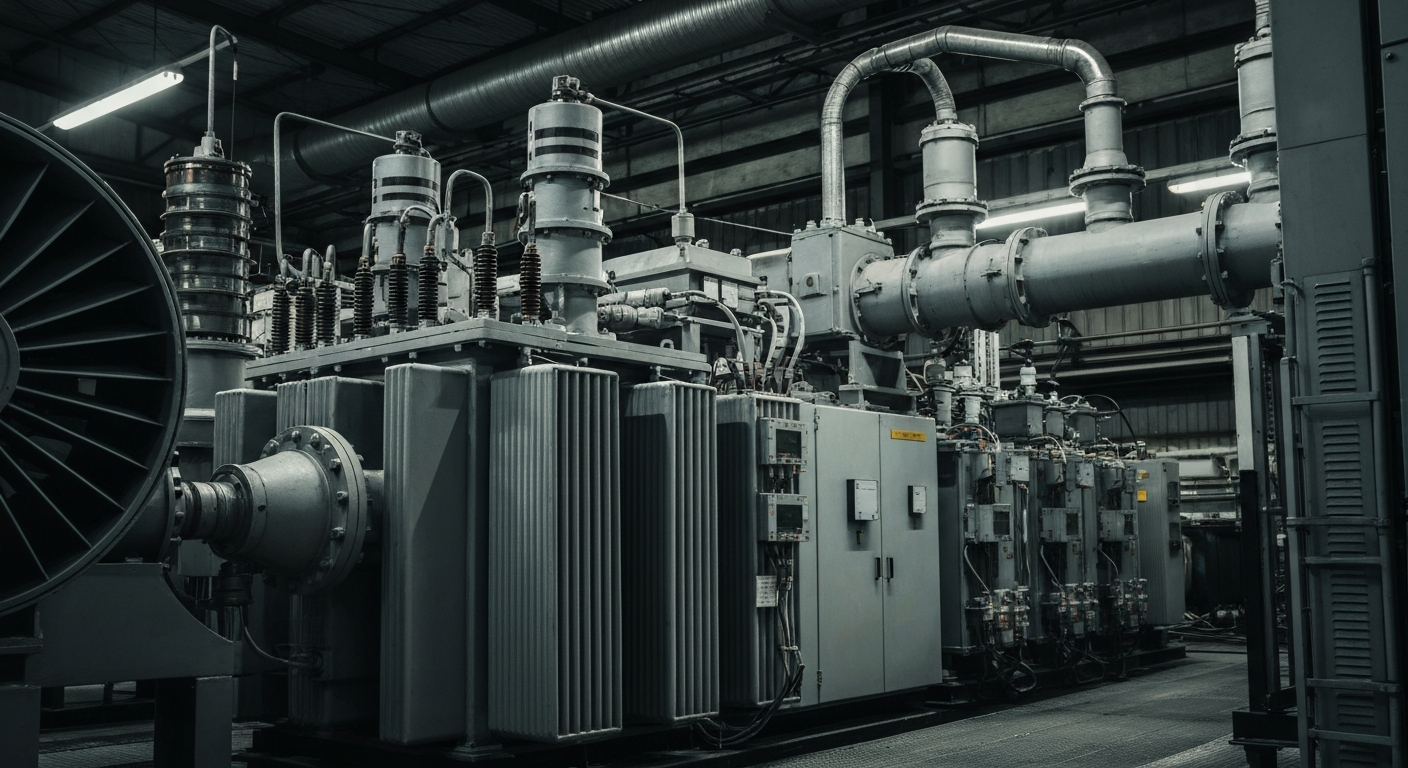 A dramatic close-up photograph of heavy, industrial power equipment like transformers and electrical panels, conveying the scale and complexity of energy infrastructure.