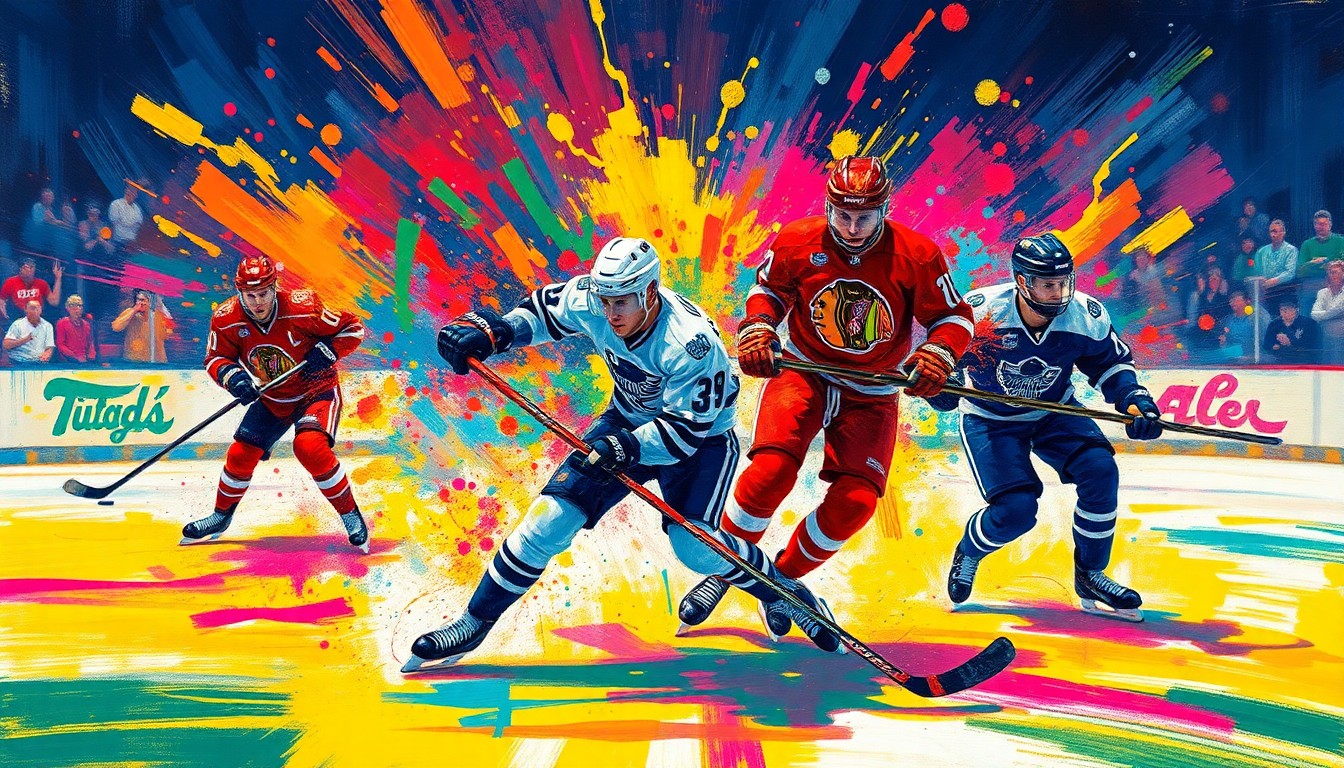 An abstract, expressionist painting featuring vibrant neon splatters and brushstrokes that capture the frenetic energy and movement of a professional hockey game, with indistinct player figures and the puck blending together in a colorful, dynamic composition.