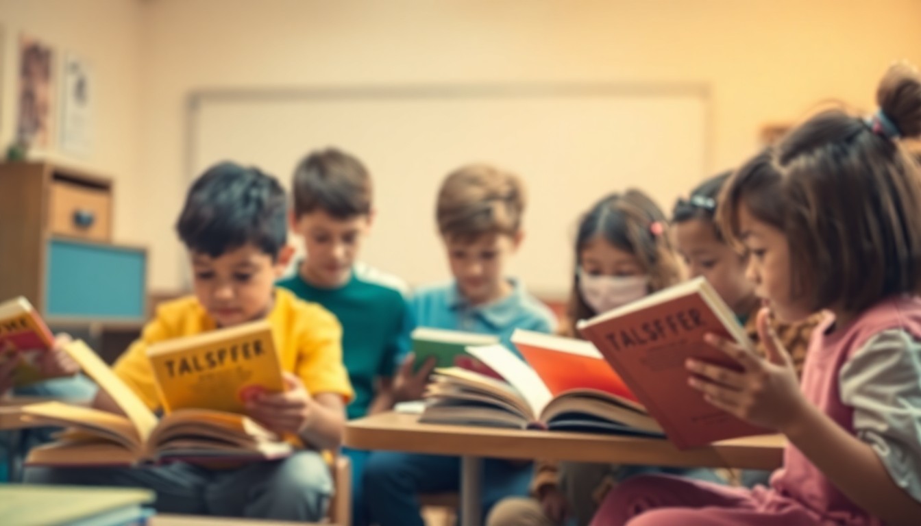 An abstract, impressionistic photograph in soft, blurred focus showing the silhouettes of several elementary school students reading books together in a classroom, conveying the nurturing and supportive environment of the literacy program.