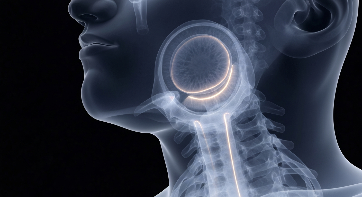An extreme close-up X-ray photograph revealing the intricate internal structures of the human throat, with glowing lines highlighting the complex anatomy in a conceptual illustration of a new biomarker test for throat cancer.