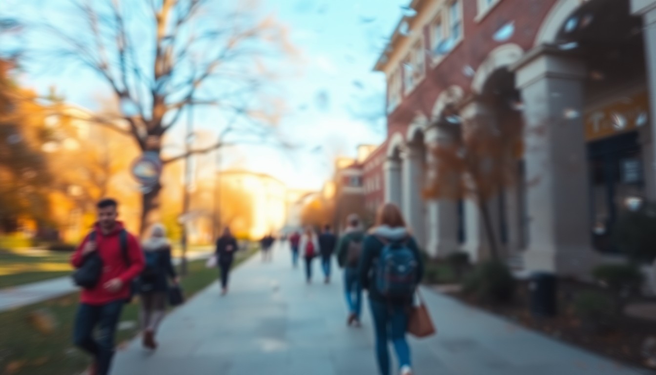 An abstract, impressionistic photograph of blurred figures walking on a college campus, with soft, warm colors and a hazy, dreamlike quality.