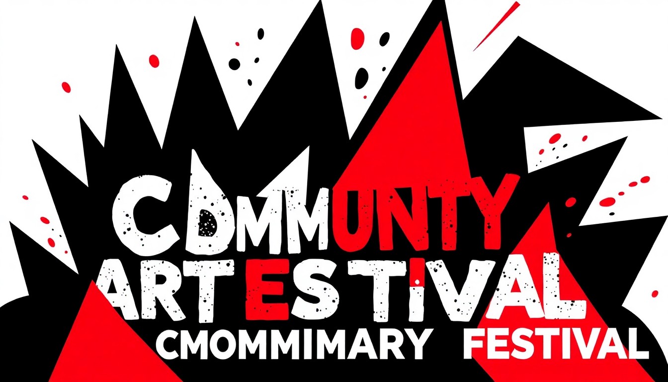 A dynamic abstract composition of bold, angular black shapes against a bright red background, conceptually representing the creative energy of an arts festival.