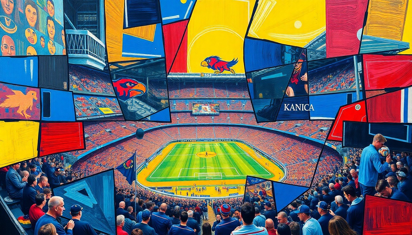 A cubist, geometric painting depicting the fractured, overlapping planes of a sports stadium or match, using vibrant colors to capture the dynamic energy of athletic competition.