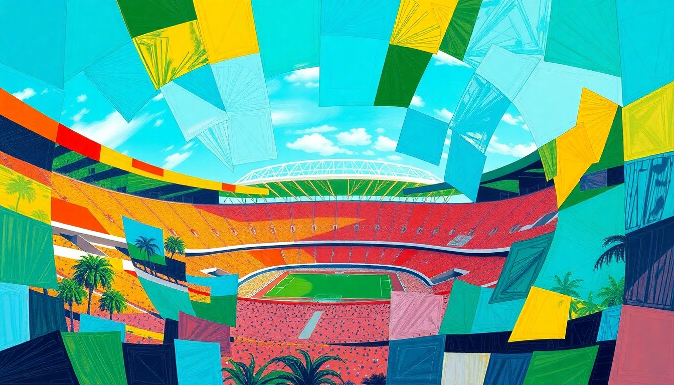 A fragmented, geometric painting in vibrant tropical colors depicting the opening of a new soccer stadium, with overlapping planes and shapes representing the energy and anticipation of the event.