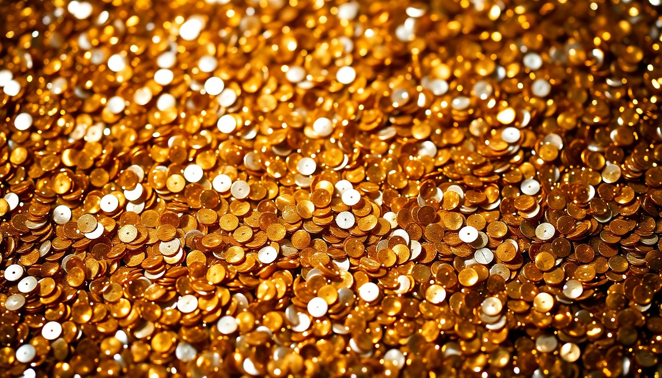 An extreme close-up photograph of shimmering, glittering sequins in metallic gold, silver, and bronze tones, filling the frame with a luxurious, high-fashion glamour aesthetic.