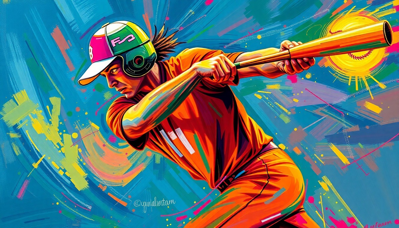 An abstract, energetic painting in vibrant neon colors and rapid brushstrokes, capturing the explosive power and raw athleticism of a softball player mid-swing.