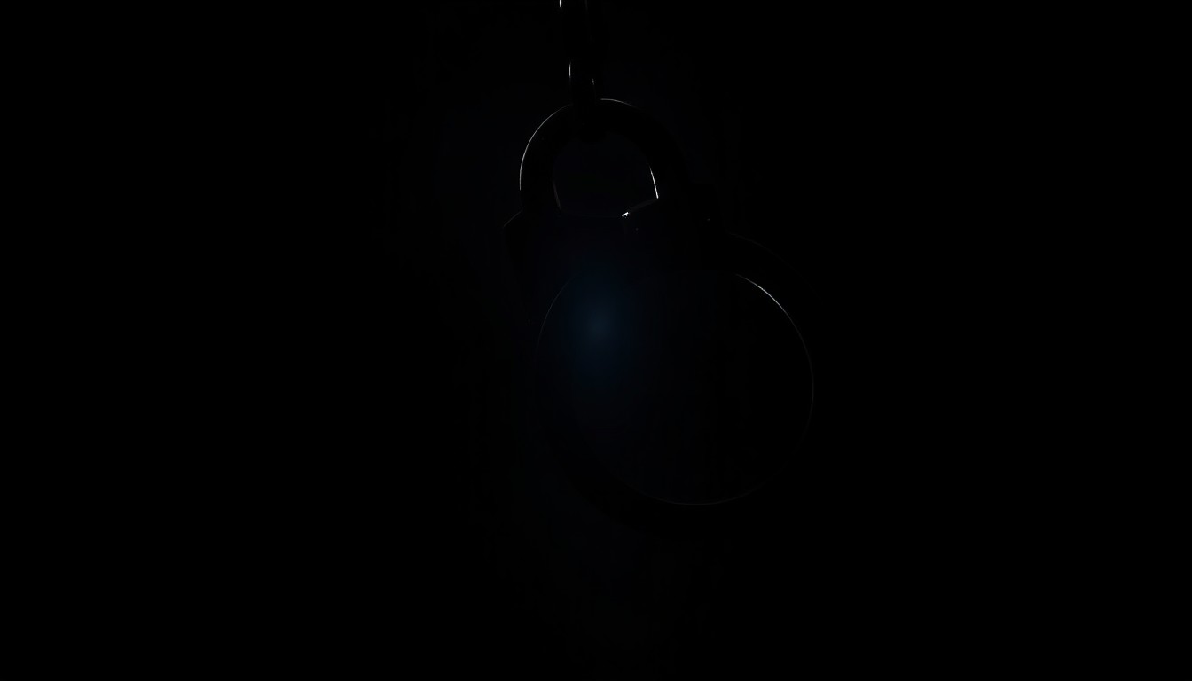 An extreme close-up photograph of a pair of metal handcuffs against a stark black background, the harsh flash illuminating the textured surface and creating dramatic shadows, conceptually representing the tense arrest of dangerous suspects.
