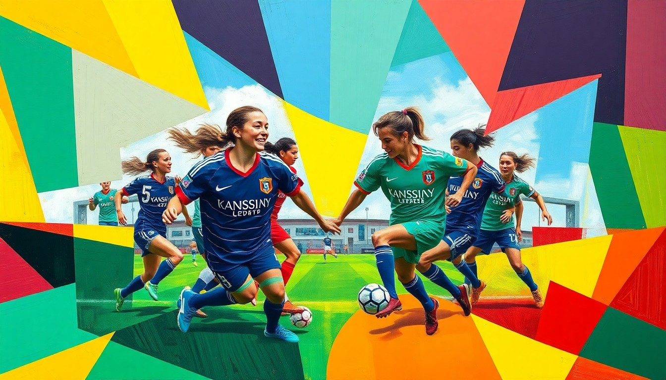 A fractured, cubist-style painting depicting the action of a women's soccer match, with players and the ball broken down into sharp, overlapping geometric shapes in a vibrant color palette.