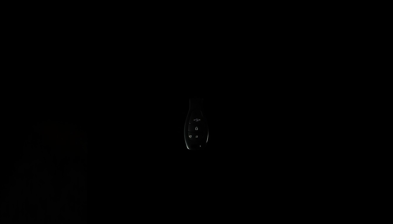 An extreme close-up photograph of a car key fob against a pitch-black background, lit by a harsh, direct camera flash, conceptually representing the mystery and uncertainty surrounding a missing person's case.