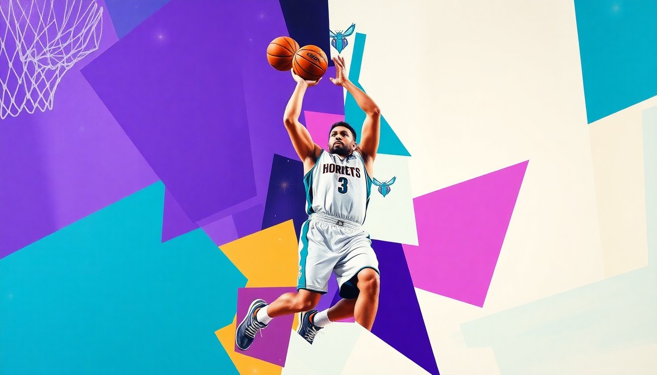 A fractured, multi-perspective painting depicting a basketball player in the act of shooting a 3-pointer, with the player's form broken down into sharp, overlapping geometric shapes in the Hornets' team colors of purple, teal, and white, conveying the dynamic motion and energy of the game.