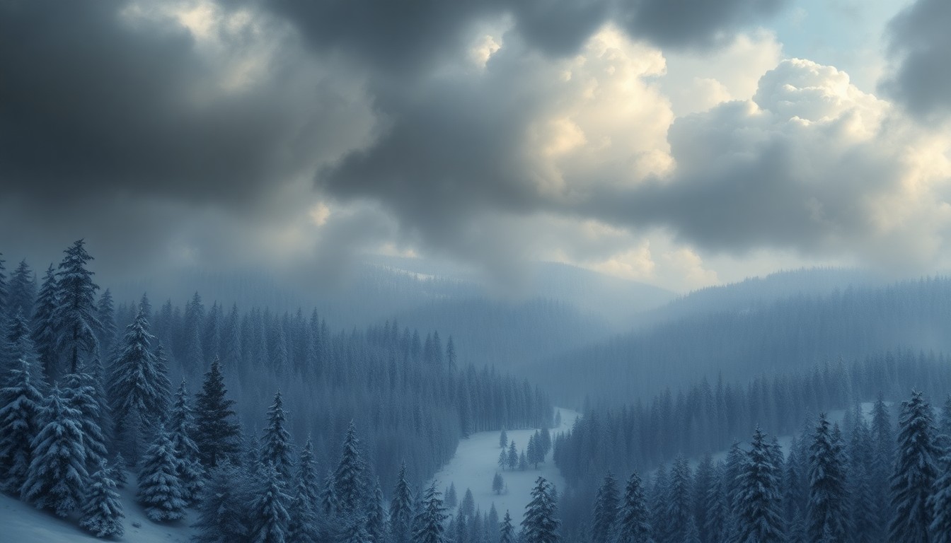 A vast, atmospheric landscape painting in muted tones of gray, white, and blue, depicting a frozen forest scene with thick, ominous clouds overhead, conveying the overwhelming scale and sublime power of the winter storm.