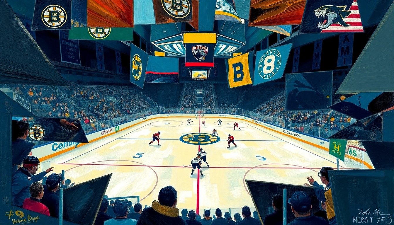 A cubist, geometric painting depicting a hockey game between the Boston Bruins and Florida Panthers, with the players and action broken down into sharp, overlapping shapes and planes of color.
