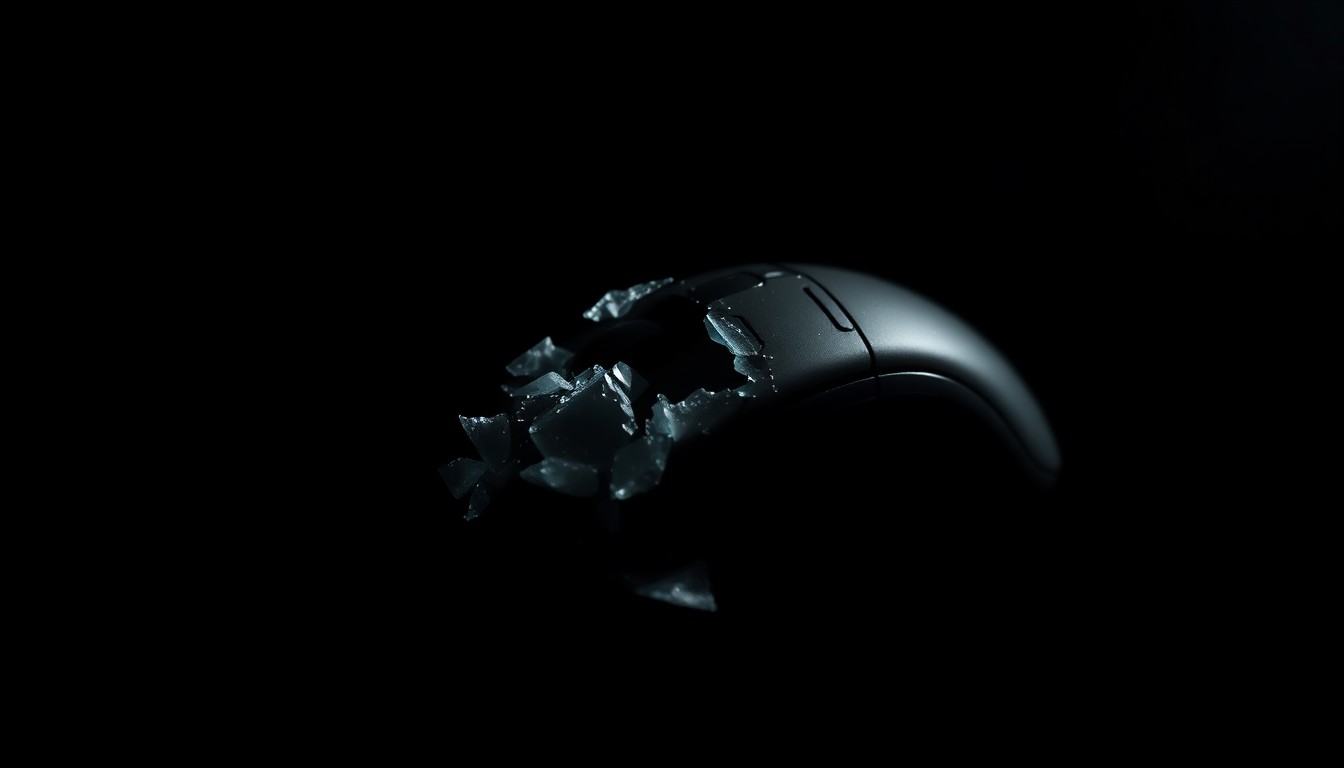 An extreme close-up of a shattered computer mouse against a stark black background, conceptually representing the digital tools used by online extremists to target and manipulate vulnerable youth.
