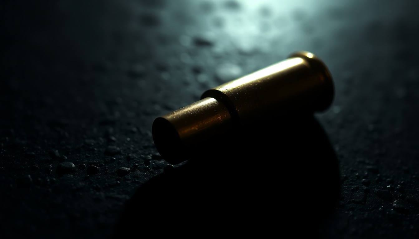 An extreme close-up of a shiny brass bullet casing against a dark, gritty background, conceptually representing the forensic evidence that led to an arrest in this cold case.
