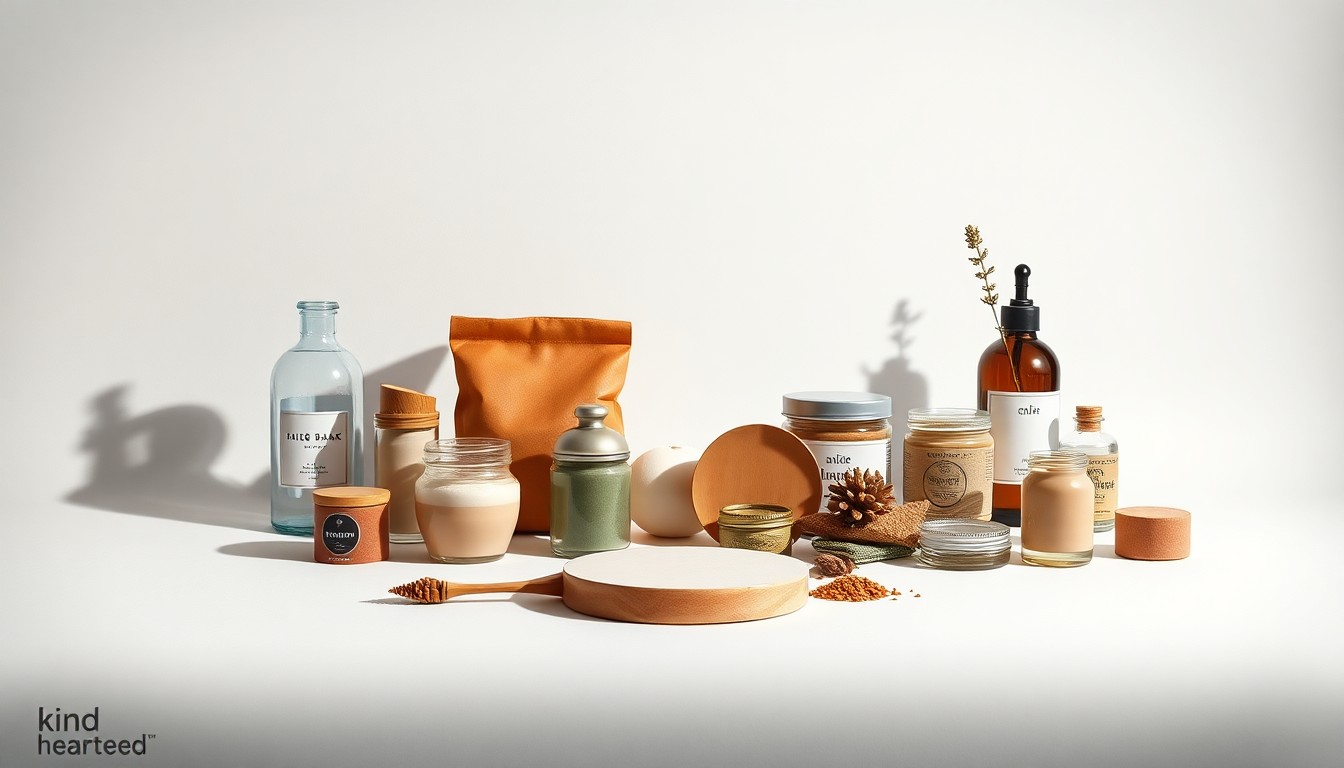 A high-end, photorealistic studio still-life featuring a collection of premium, polished objects representing the products and materials of the small businesses in the Kind Hearted Goods collective, arranged elegantly on a clean, monochromatic background using dramatic lighting to symbolize their collaborative spirit and shared values.