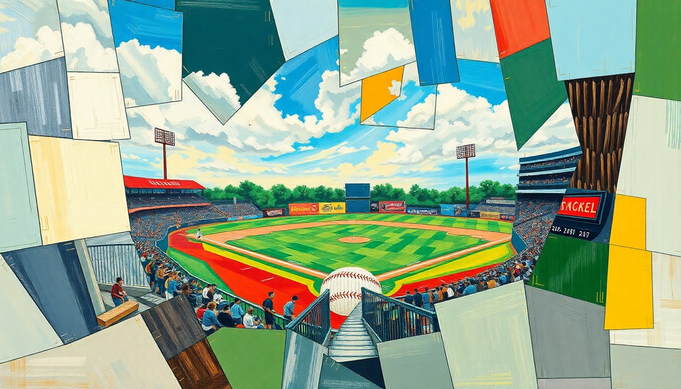 A fragmented, geometric painting depicting the motion and energy of a high school baseball or softball game, with players and field elements broken down into sharp, intersecting planes of color and form.