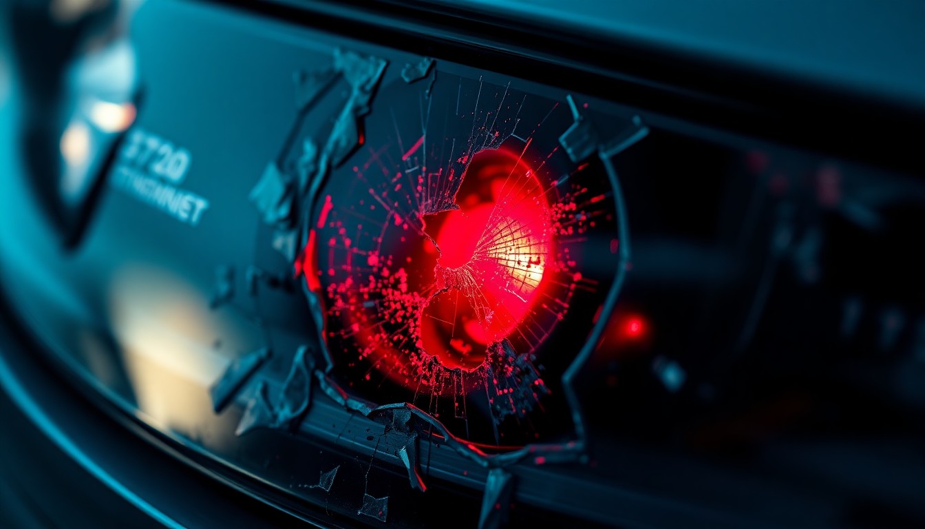 An extreme close-up of a shattered car sensor lens reflecting a faint red light, conceptually illustrating the vandalism of self-driving cars.