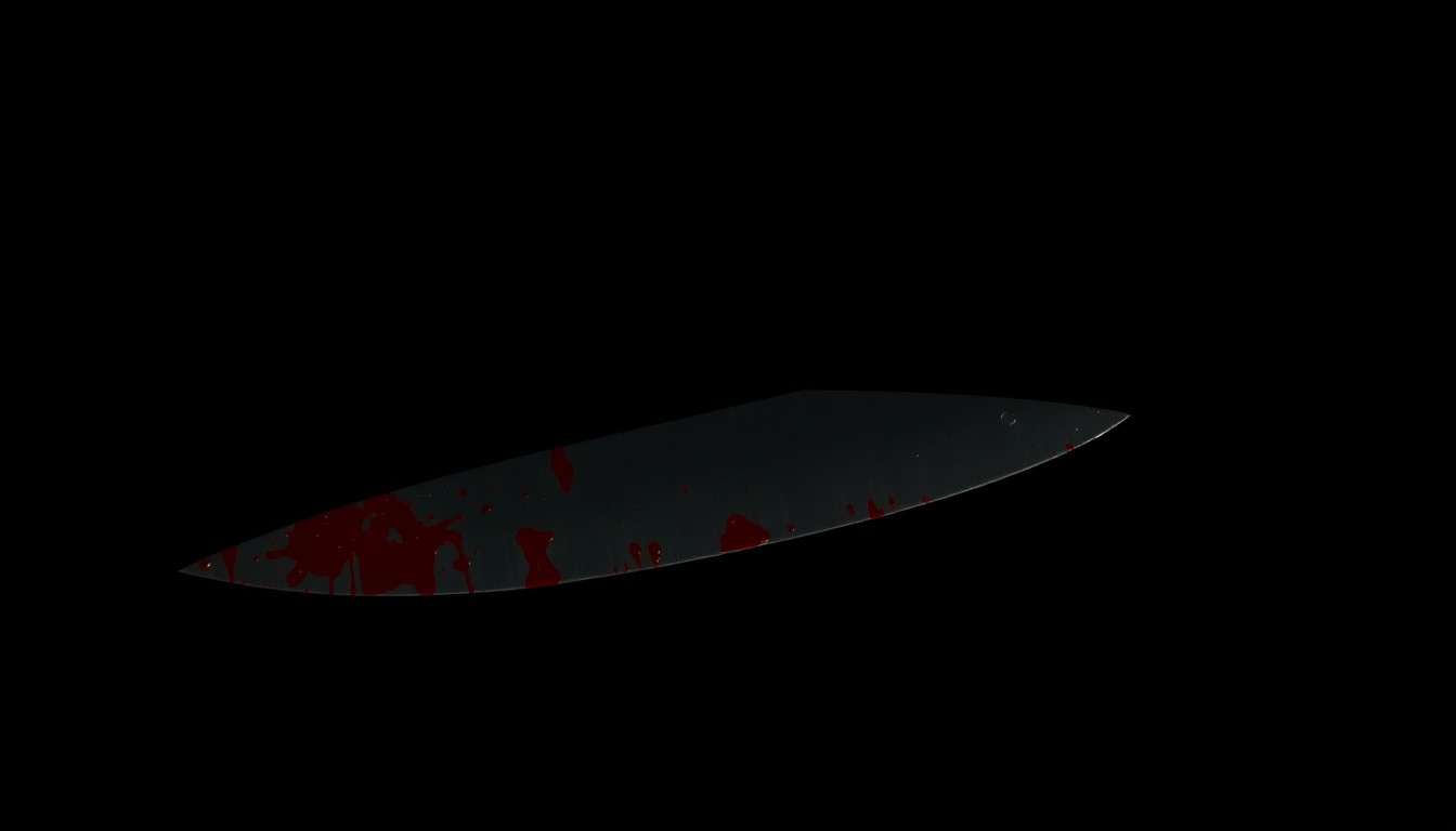 An extreme close-up photograph of a single bloodied knife blade against a pitch-black background, lit dramatically by a harsh camera flash, conceptually representing the violent crime at the center of this story.