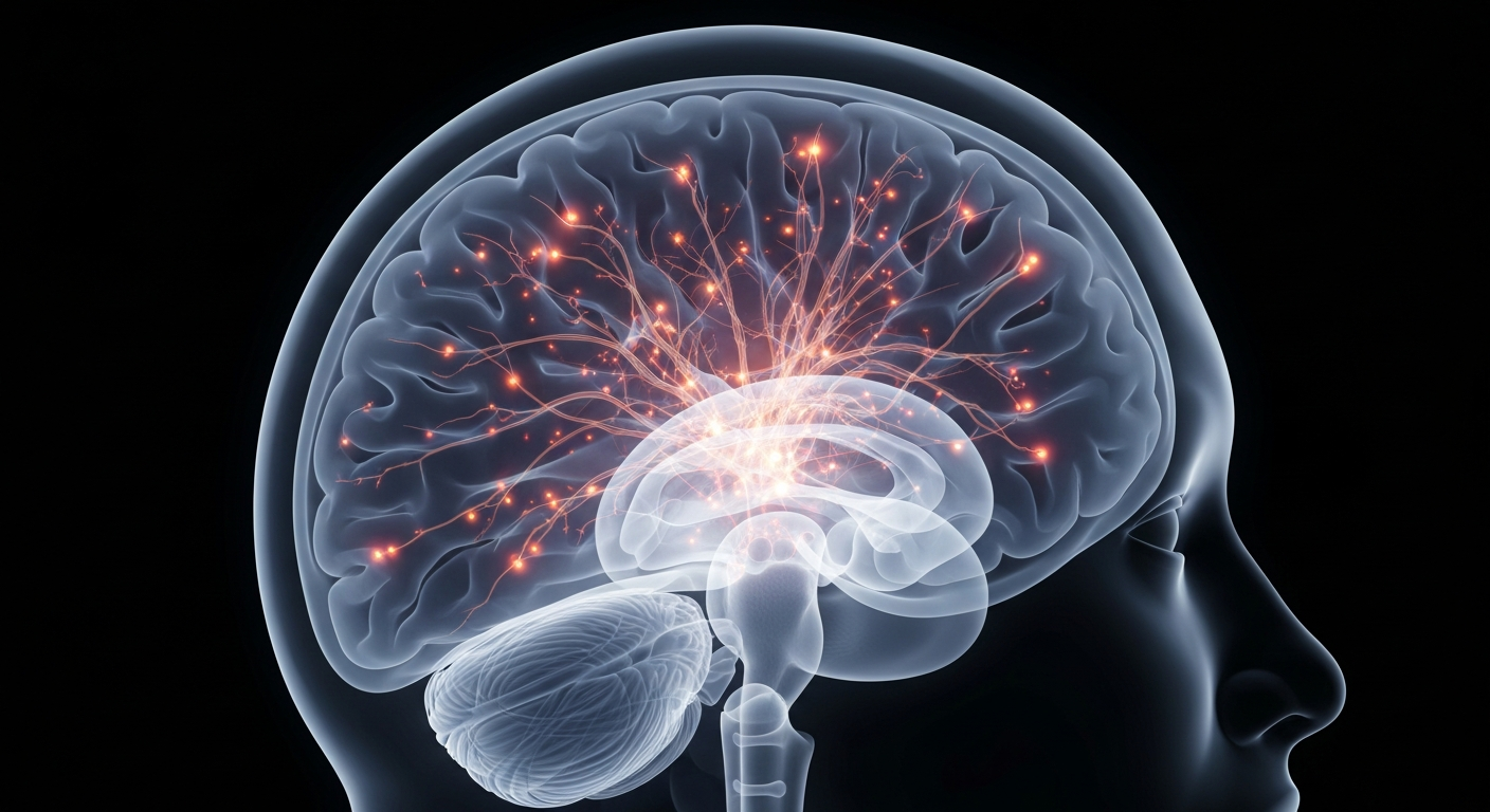 A ghostly, translucent X-ray photograph of a human brain, with glowing neural pathways and structures, conceptually representing the importance of mental health and the need for accessible care.