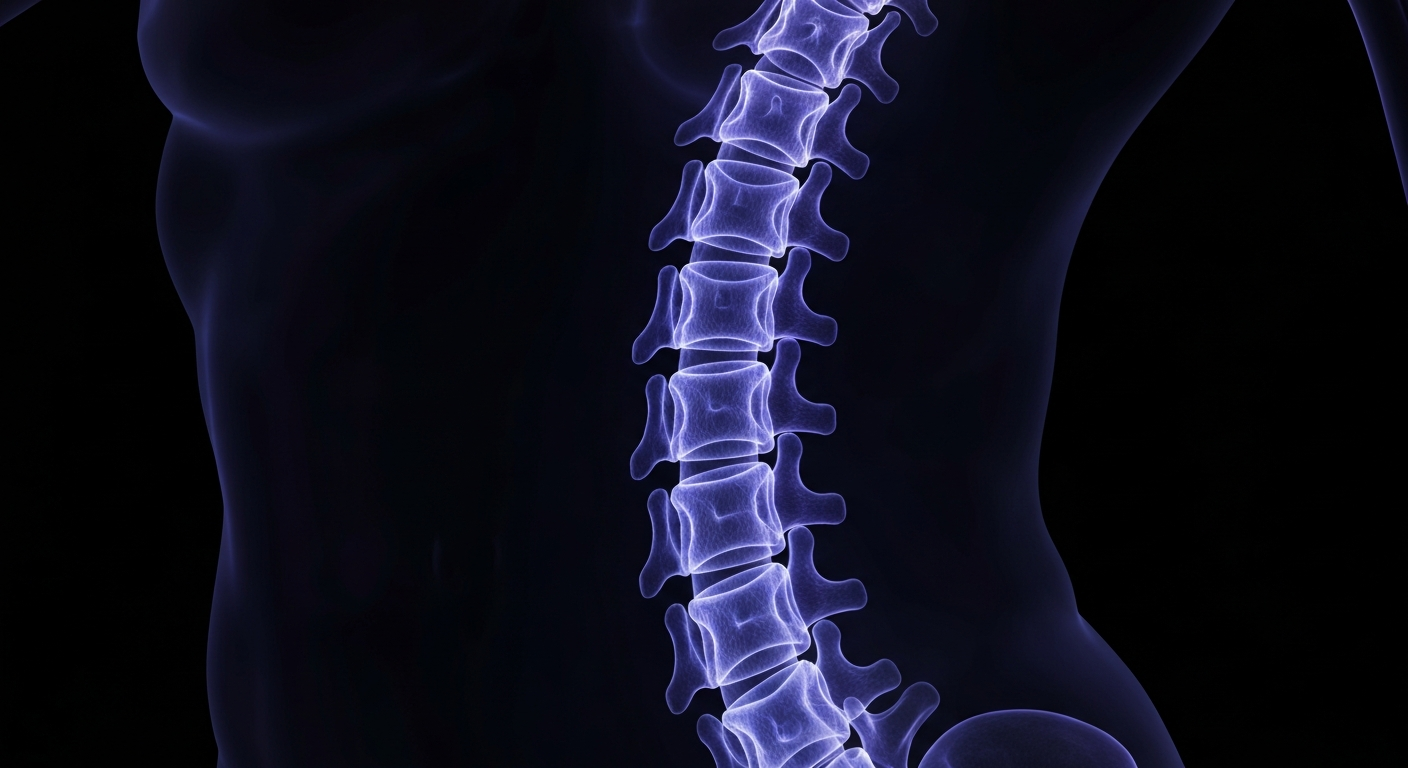 A translucent X-ray image revealing the detailed structure of the human spine, with the vertebrae and discs glowing in shades of blue and purple against a dark background, conceptually representing the clinic's focus on addressing the underlying issues behind injuries and pain.