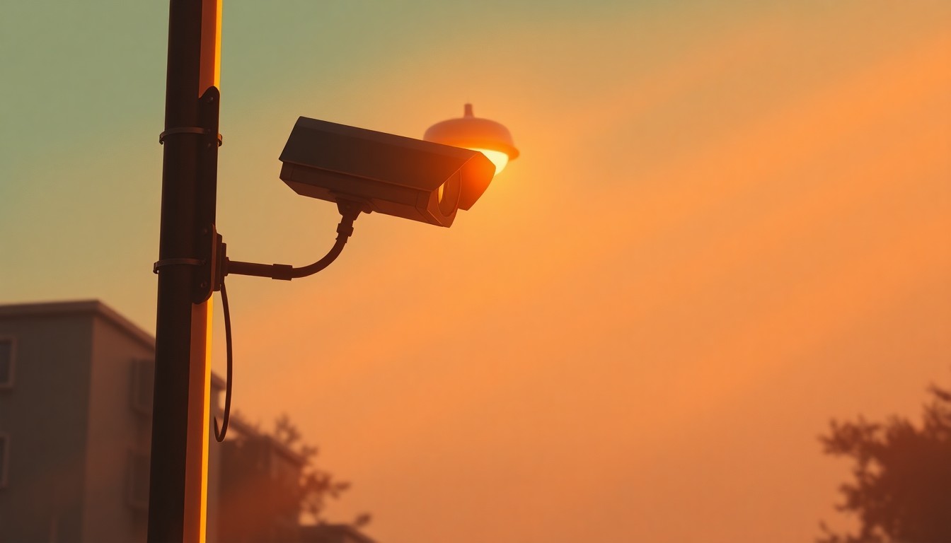 A photorealistic painting of a lone ALPR camera mounted on a street light, casting long shadows across the pavement in warm, golden light, conveying a sense of quiet contemplation about the role of surveillance technology in modern society.