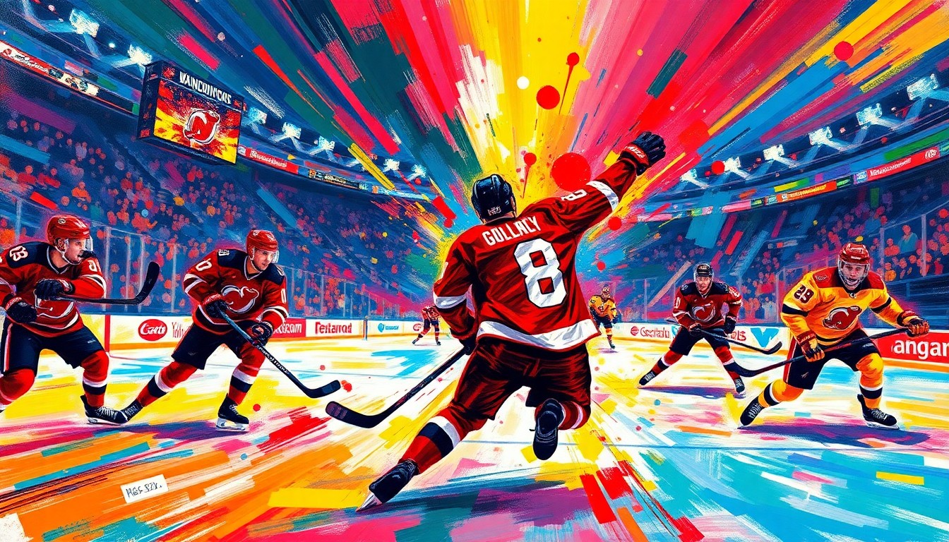 An abstract, energetic painting in neon colors depicting the fast-paced action and scoring plays of a professional hockey game, with players' movements and the puck blending into a dynamic, expressionistic composition.