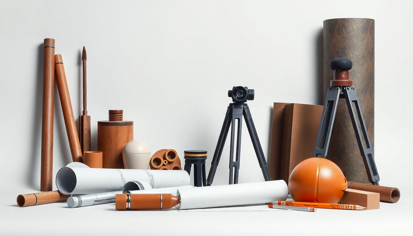 A high-end, photorealistic studio still-life photograph featuring a selection of architectural and engineering tools and materials, such as drafting instruments, surveying equipment, and construction materials, arranged elegantly on a clean, monochromatic seamless background, conceptually representing the precision and expertise of Thomas & Hutton's professional services.