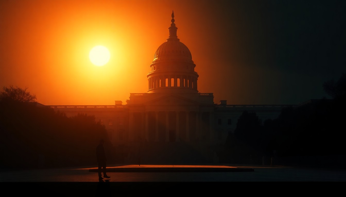 A serene, cinematic painting depicting a solitary government building or political figure in warm, diagonal sunlight, conceptually illustrating the tense geopolitical landscape and its impact on the global economy.